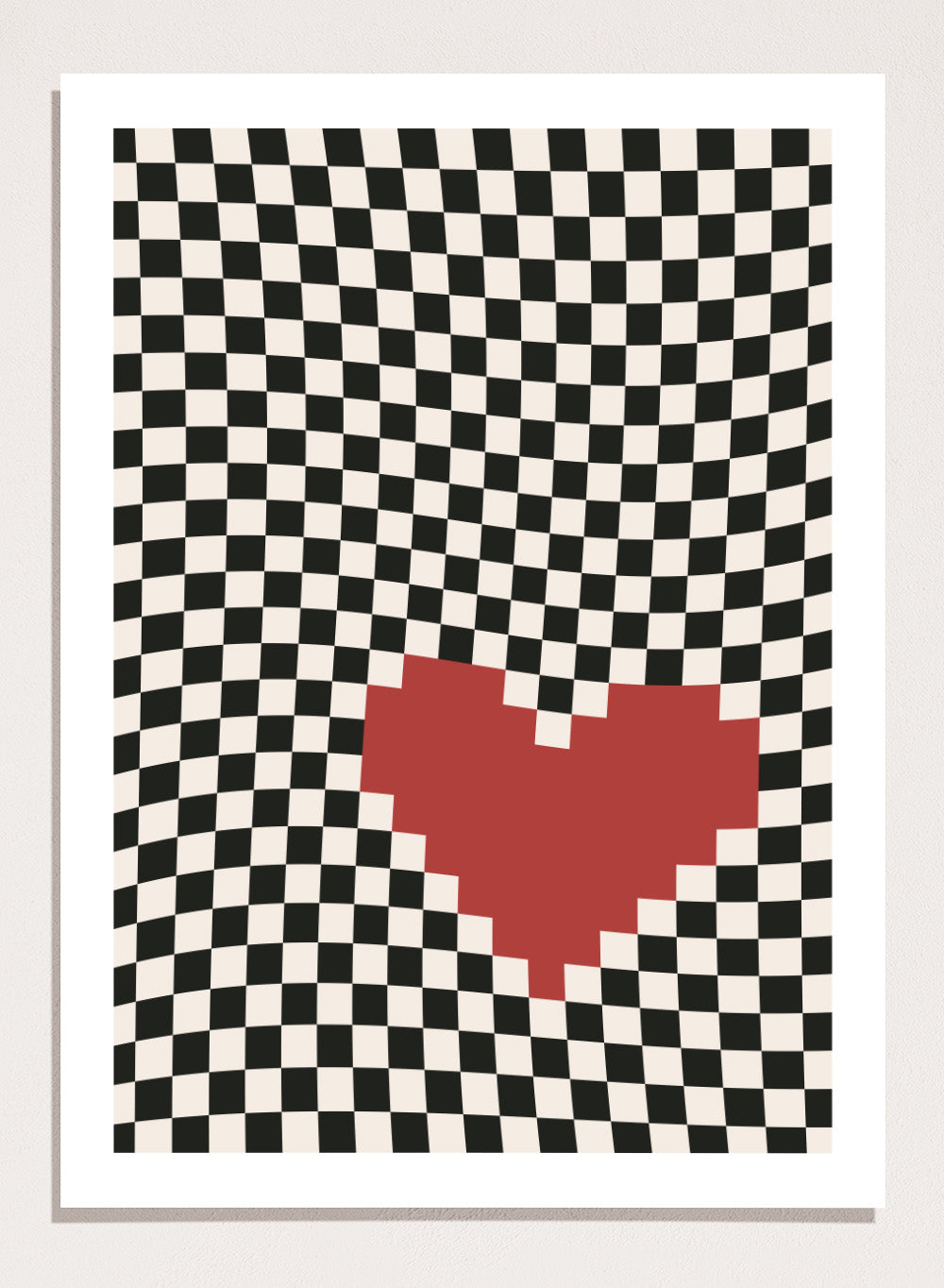 Checkered pattern with a red heart in the center. Pixel Heart by Frankie Kerr-Dineen features a red pixel heart on a wavy checkerboard background. Modern graphic art print and contemporary wall poster.