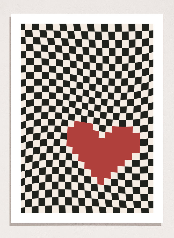 Checkered pattern with a red heart in the center. Pixel Heart by Frankie Kerr-Dineen features a red pixel heart on a wavy checkerboard background. Modern graphic art print and contemporary wall poster.