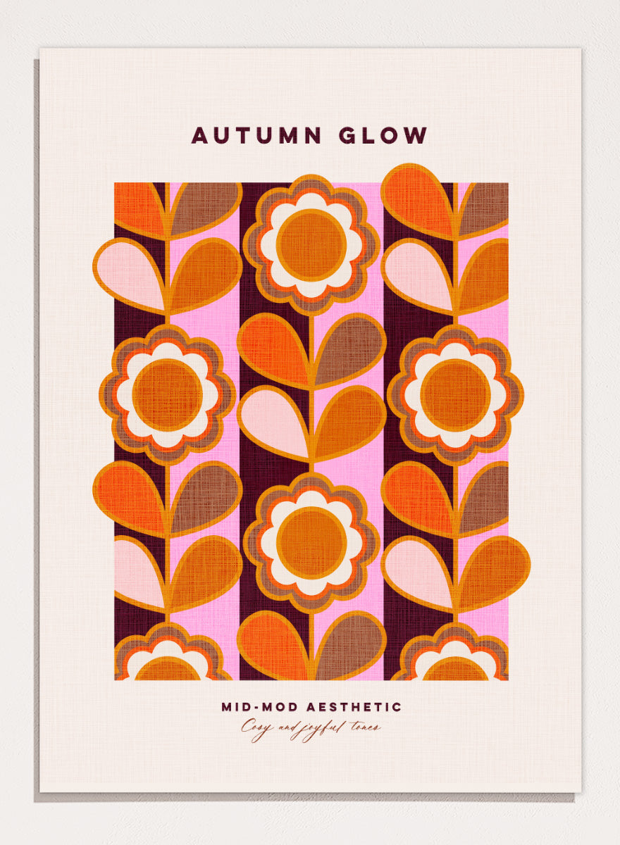 Shop Mid-Mod Autumn Glow by Dominique Vari, a retro floral wall art print poster featuring bold flowers, striped patterns, and warm orange, pink, brown, and burgundy tones.