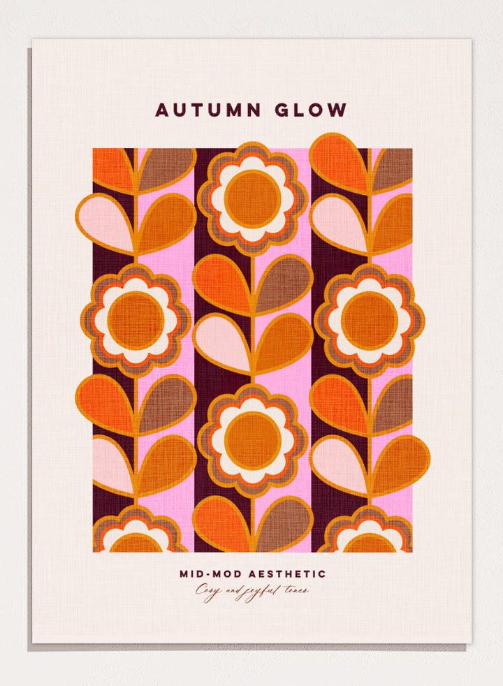 Shop Mid-Mod Autumn Glow by Dominique Vari, a retro floral wall art print poster featuring bold flowers, striped patterns, and warm orange, pink, brown, and burgundy tones.