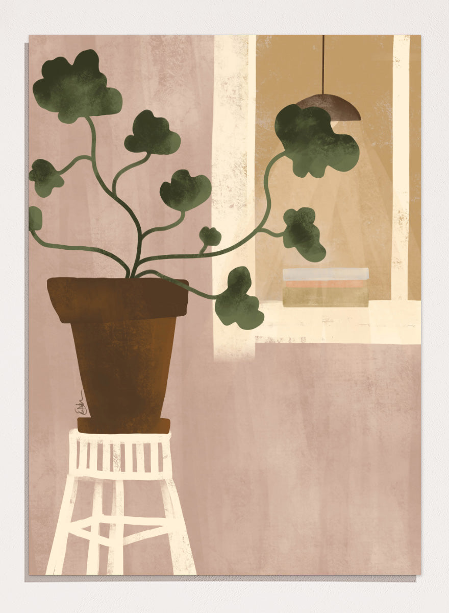 A minimalist art print depicting a potted green plant on a white stool against a dusty pink wall, with a window and hanging lamp in the background. Shop Cozy Houseplant Window by Elsa Nätterdal, a modern botanical interior art print featuring a leafy plant, soft neutral tones, and a cozy home setting.