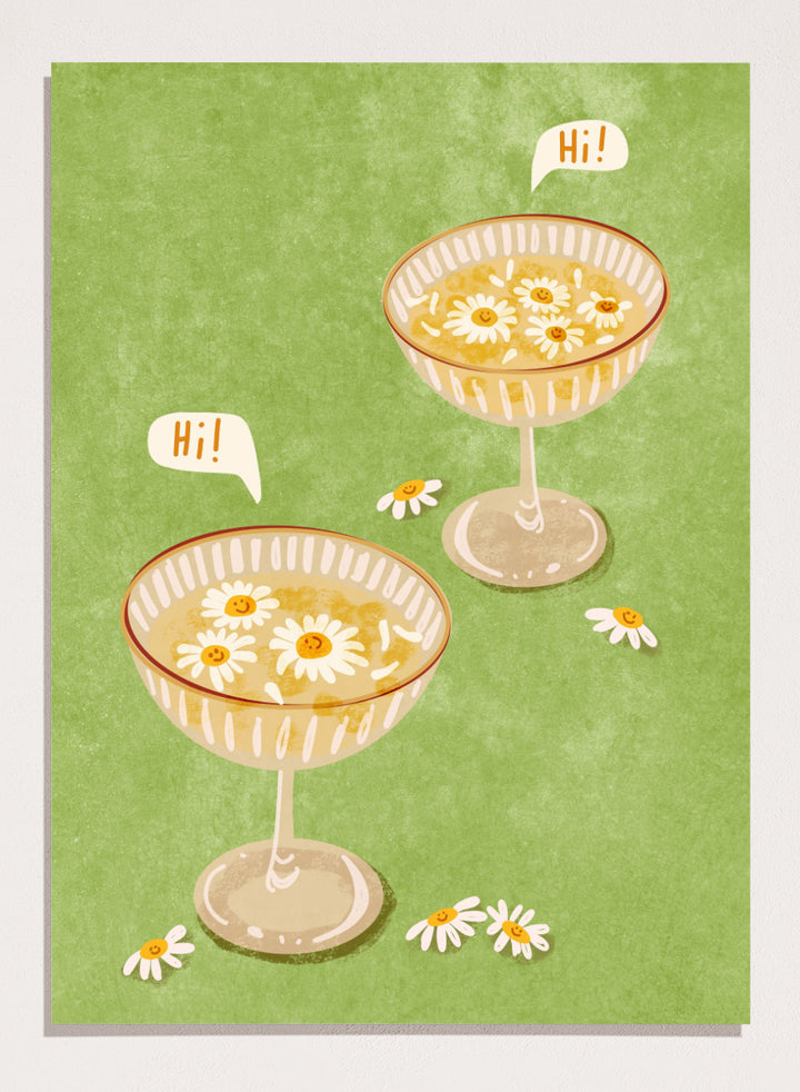 Illustration of two cocktail glasses with daisies on a green background. Hi by Raissa Oltmanns is a modern cocktail art print featuring smiling daisy drinks in playful contemporary wall poster style.