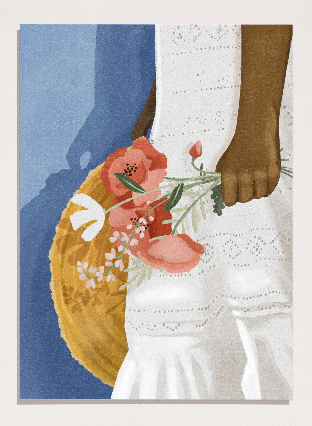 Close-up of a person holding a floral arrangement with a blue background. Feeling Blue by Goed Blauw is a figure art print and wall poster featuring a woman holding flowers with a deep blue background and soft tones.