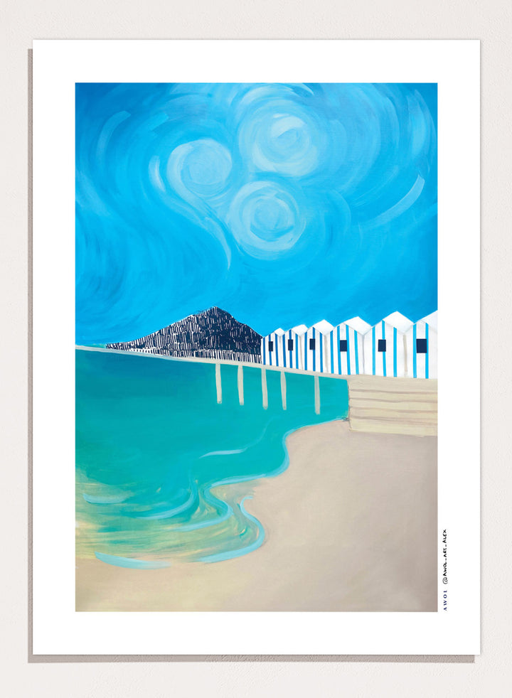 Vibrant Coastal Huts by Awol Art Alex is a modern coastal art print featuring striped beach huts, turquoise water, bold blue sky, and graphic seaside style.