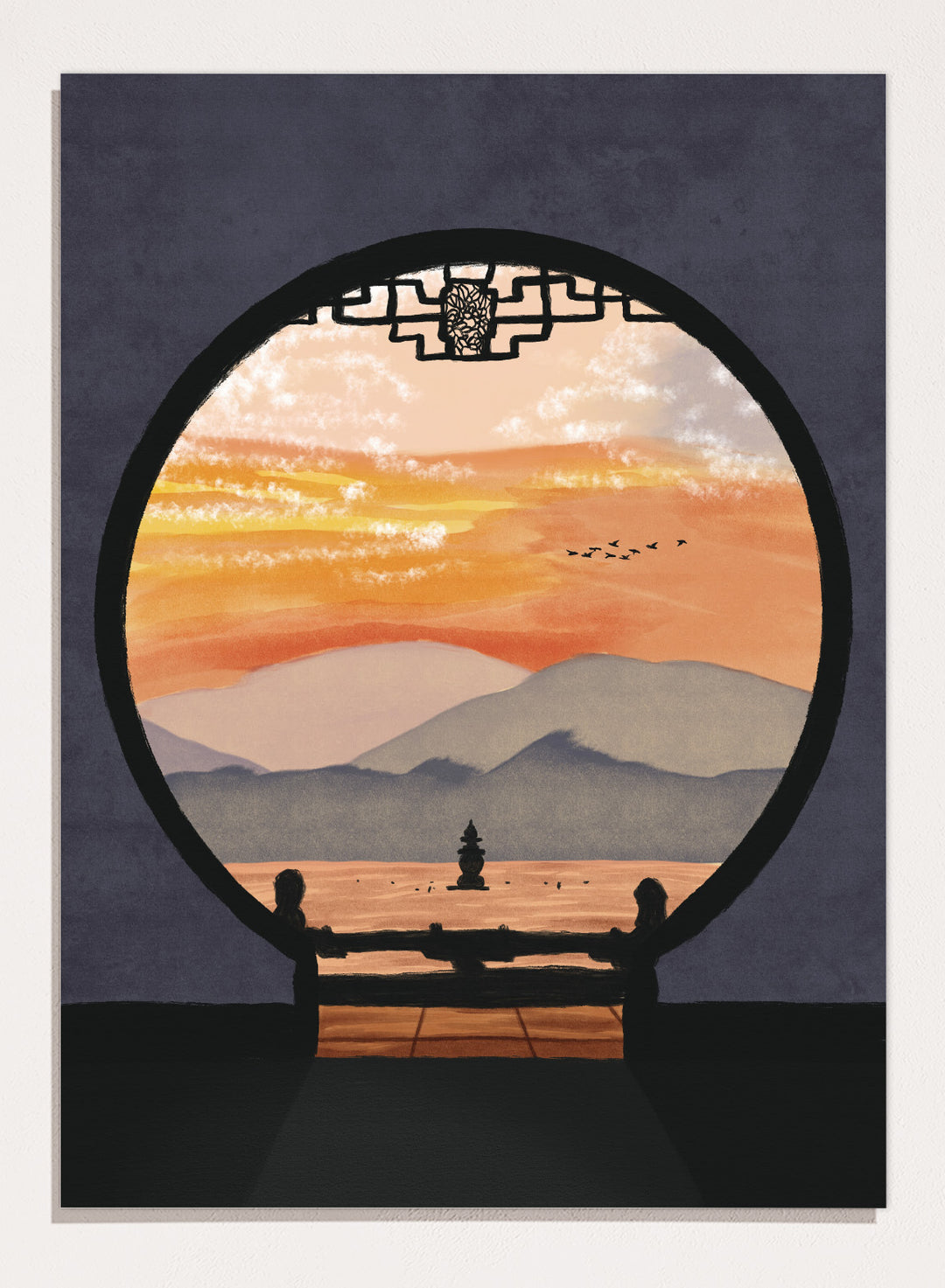 A framed art print depicting a scenic landscape viewed through a circular window frame. The scene shows layered mountains under a warm orange and yellow sunset sky with a small pagoda-like structure and birds, set against a dark gray background. Asian Pagoda Sunset View by Lisa Solomoniuk premium framed fine art print featuring layered mountains, a distant pagoda, and a glowing peach sunset.