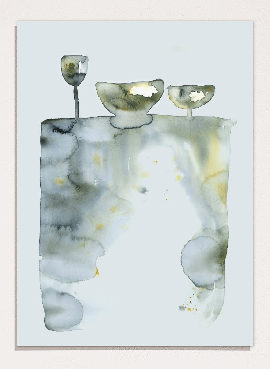 Shop Abstract Still Life Bowls by Helena Ryhle, a modern still life wall art print poster featuring watercolor bowls, glassware, and soft abstract forms.