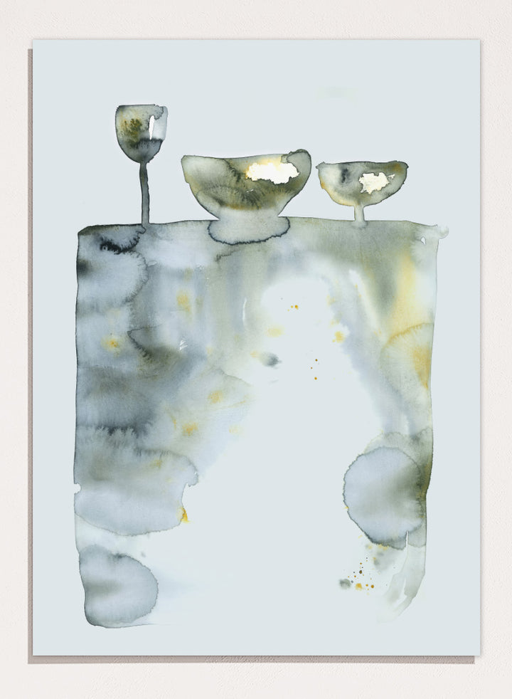 Shop Abstract Still Life Bowls by Helena Ryhle, a modern still life wall art print poster featuring watercolor bowls, glassware, and soft abstract forms.