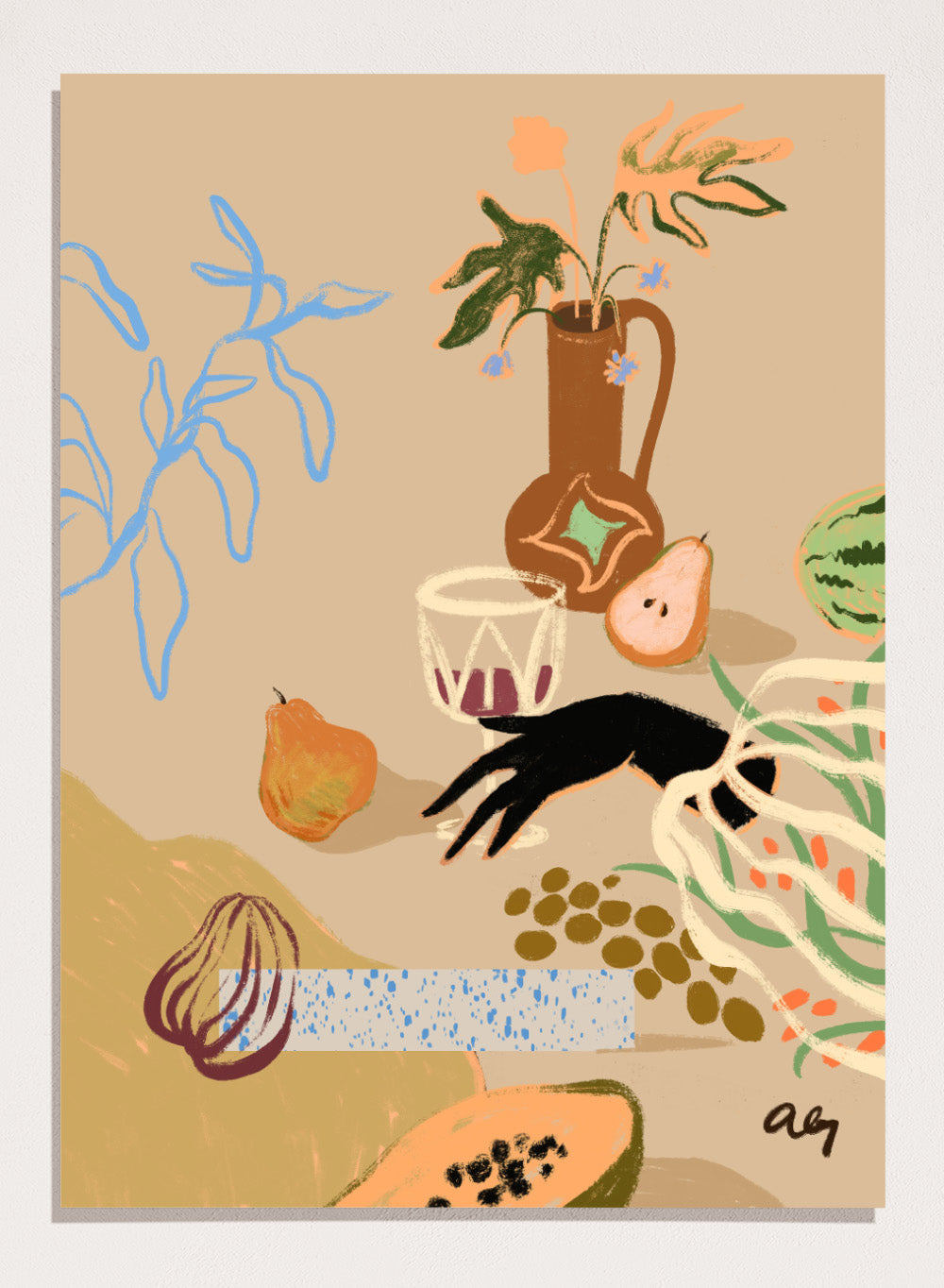 Pass Me The Pear by Arty Guava is a modern still life art print with pears, fruit, and expressive hand-drawn shapes. Officially licensed wall poster.
