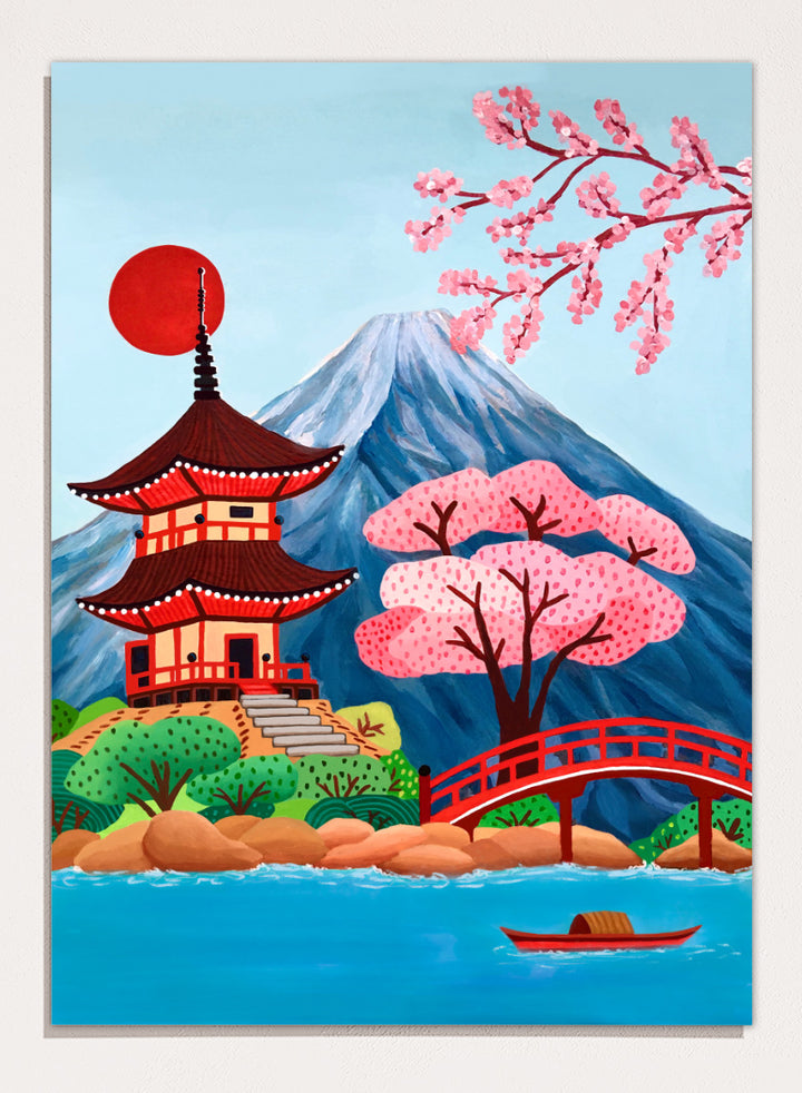 A colorful Japanese-style landscape artwork showing a red pagoda beside a red bridge over blue water, with pink cherry blossoms, a mountain, and a red sun in the sky. Shop Japanese Pagoda Spring Landscape by Nidhi Kachhadiya, a colorful Japan travel wall art print featuring Mount Fuji, cherry blossoms, a red pagoda, and spring scenery.