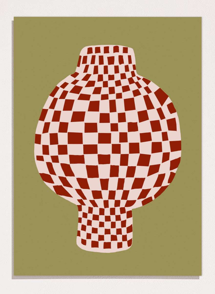 A stylized graphic print of a vase with a red and off-white checkerboard pattern, set against an olive green background. Retro Checkered Vase by The Art Concept is a modern still life art print featuring a red checkered vase, olive green background, and playful retro style.