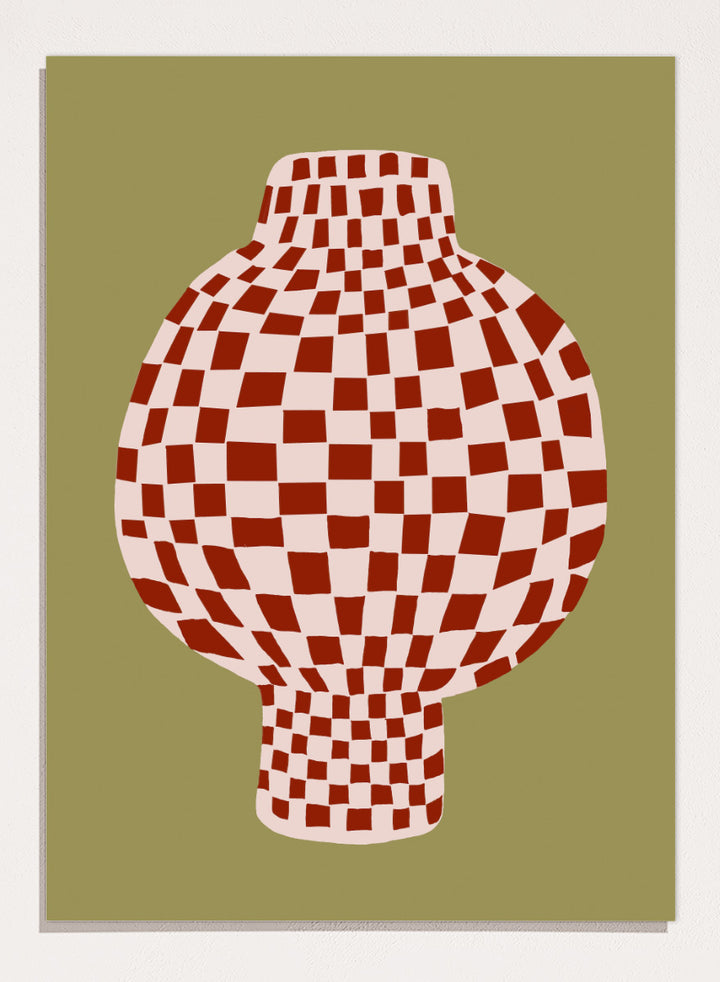 A stylized graphic print of a vase with a red and off-white checkerboard pattern, set against an olive green background. Retro Checkered Vase by The Art Concept is a modern still life art print featuring a red checkered vase, olive green background, and playful retro style.