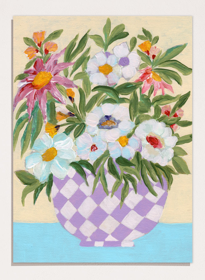 Shop Cheerful Flower Bouquet by Nikita Jariwala, a floral wall art print poster featuring a colorful flower arrangement in a purple checkered vase.
