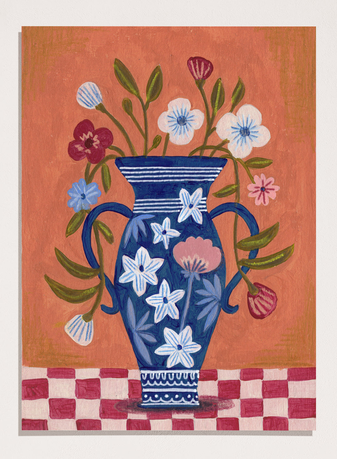 Decorative painting of a blue vase with floral patterns on a checkered floor against an orange wall. Folk Art Flower Vase by Caroline Bonne Müller is a fine art print and wall poster featuring a blue floral vase with colorful flowers on a checkered table.
