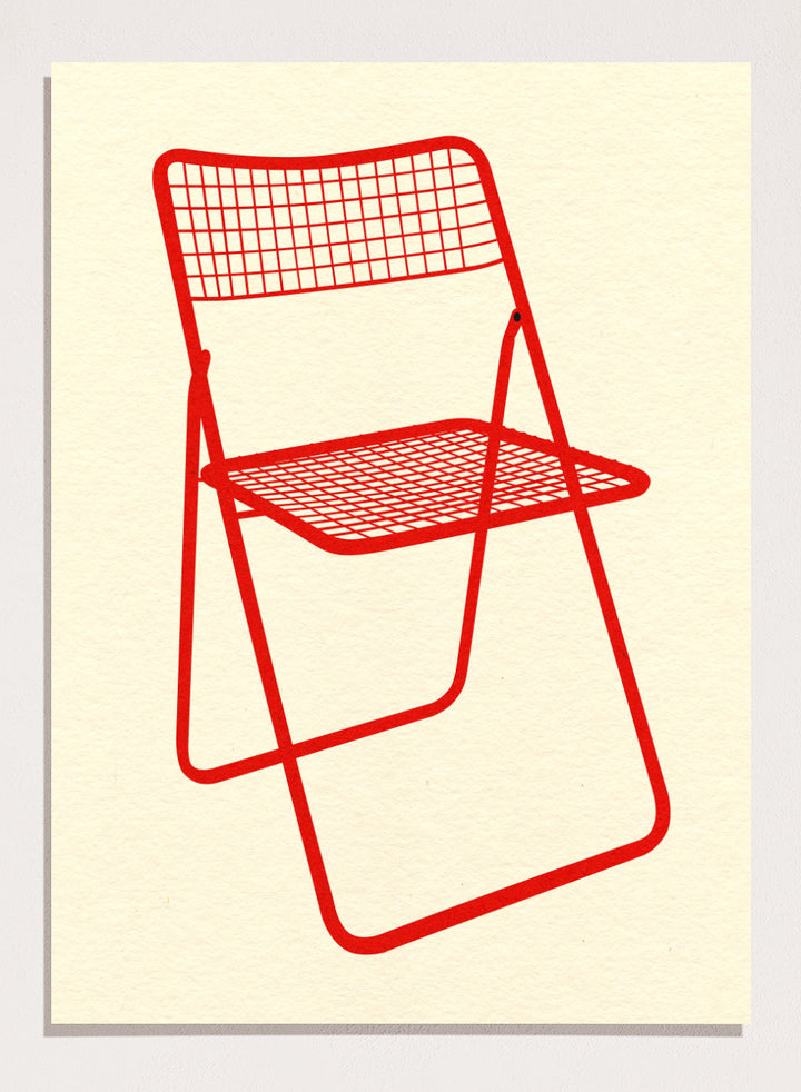 Red metal chair on a beige background. Modern chair wall art print by Rosi Feist featuring a bold red wire net chair illustration. Contemporary minimalist poster for design lovers.