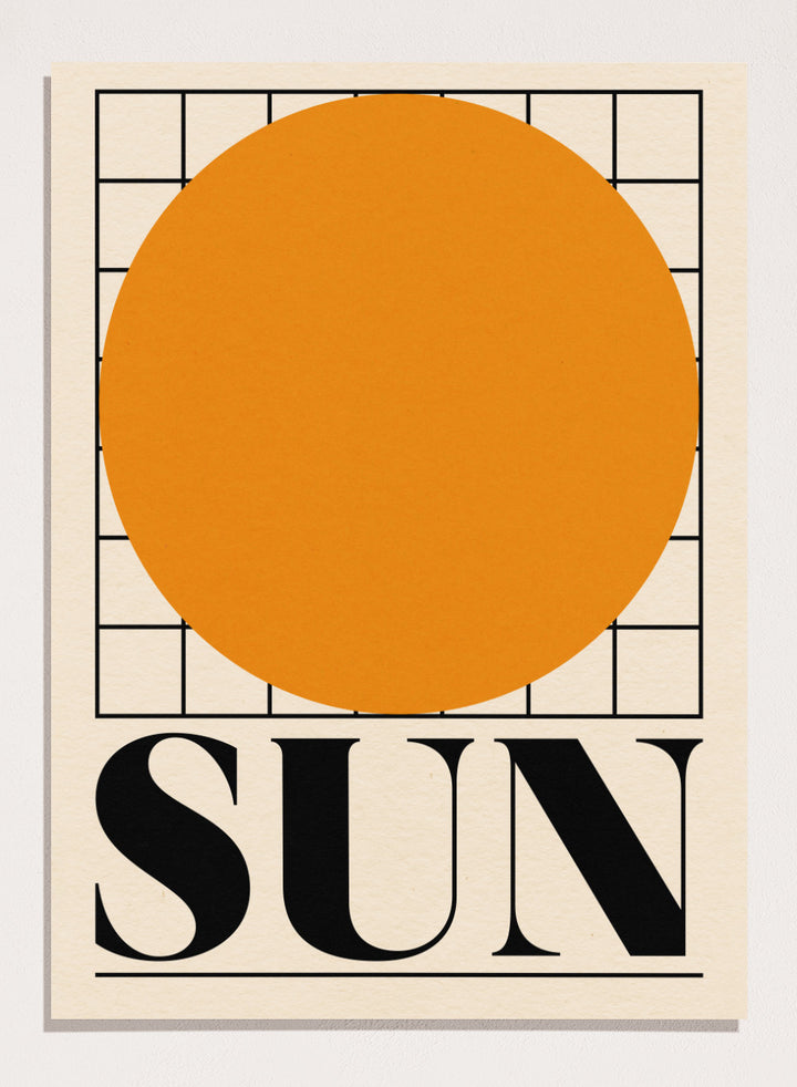 Poster with a large orange circle and the word 'SUN' on a beige background. Sun by Rosi Feist is a bold minimalist Bauhaus-inspired art print featuring an orange circle and graphic grid. Officially licensed modern poster with framing.