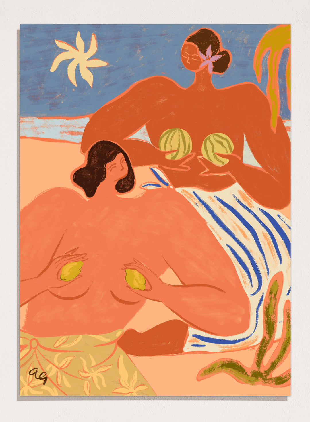 Artistic depiction of two figures with abstract elements and a stylized landscape. Lemon and Melon by Arty Guava is a colorful figurative art print featuring tropical fruit, playful female figures, coastal scenery, and contemporary illustration.