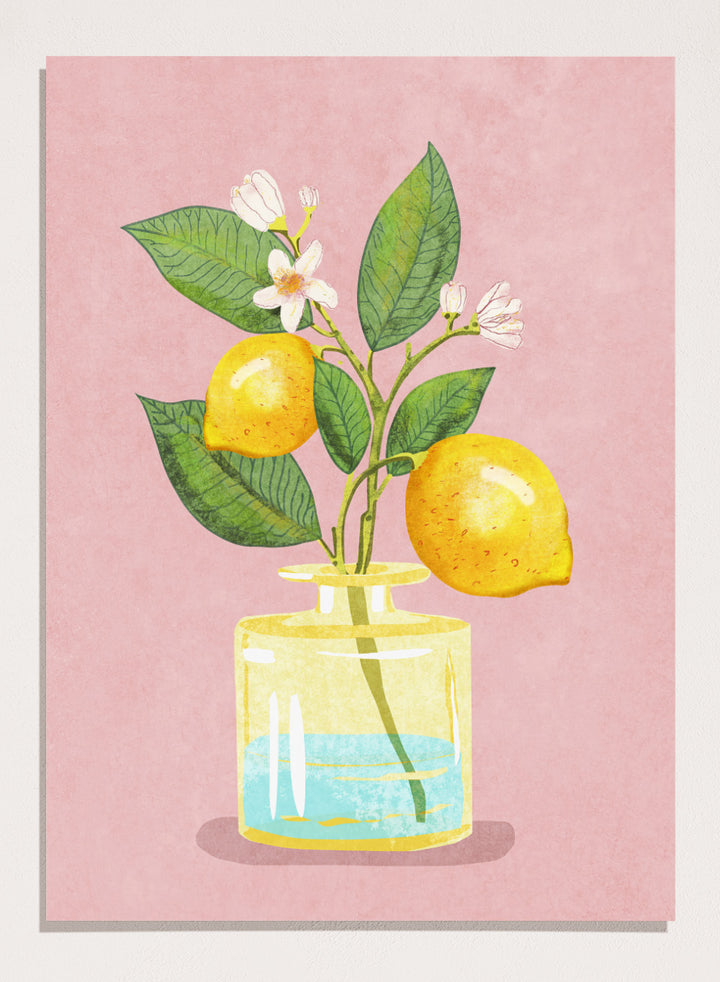 Illustration of lemons and a flower in a glass bottle on a pink background. Lemon Bunch In Vase by Raissa Oltmanns is a modern lemon still life art print featuring citrus fruit and floral kitchen wall poster design.