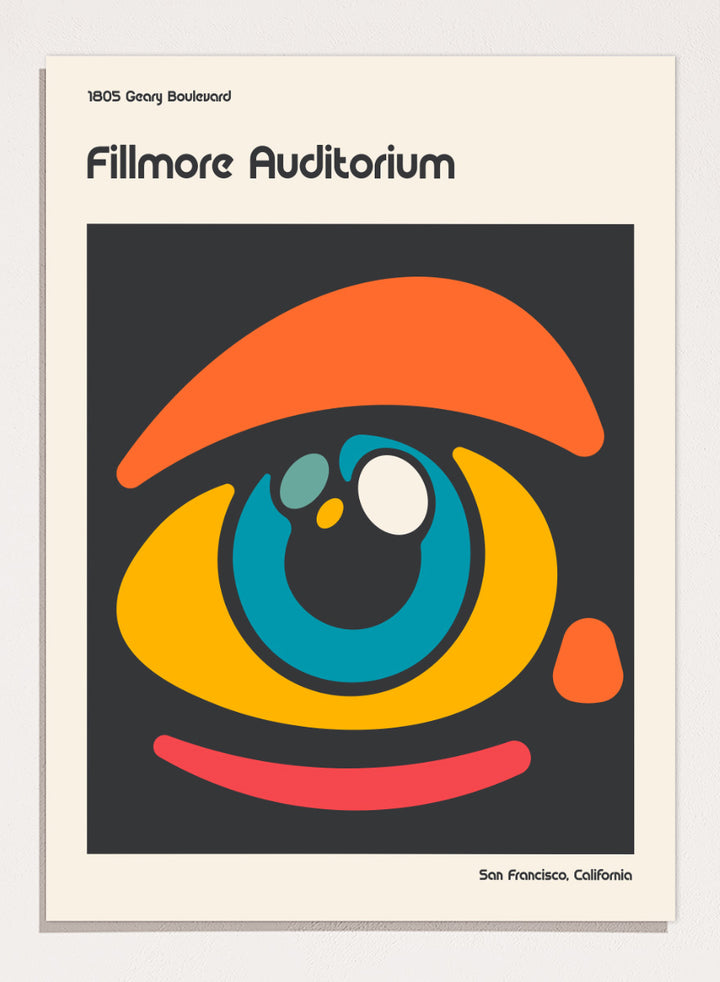 A poster-style graphic for the Fillmore Auditorium in San Francisco, California, featuring an abstract eye illustration in orange, yellow, blue, red, and white on a dark gray square, with cream margins and black text reading &