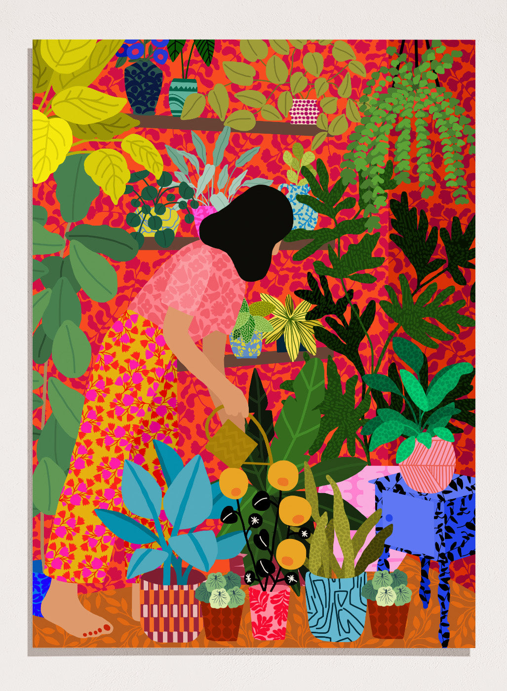 Colorful illustration of a person tending to plants with a vibrant background. Watering My Plants by Rafaela Mascaro fine art print featuring bold botanical interior, modern woman illustration, and colorful contemporary wall art poster.
