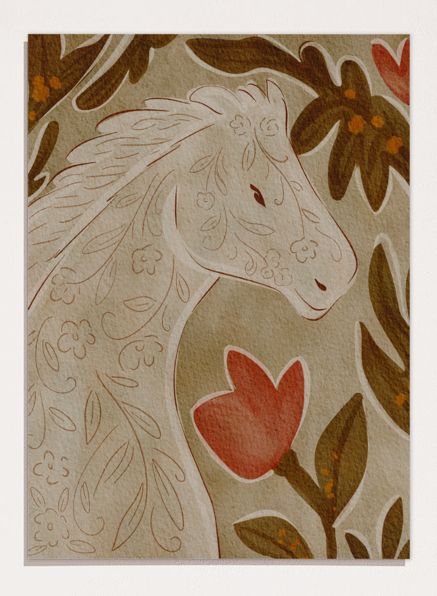 A close-up of a decorative textile or rug pattern featuring a stylized horse head in cream with floral line details, surrounded by brown leaves and a red flower on a beige background. Shop Elegant Floral Horse by Nikita Jariwala, a decorative horse wall art print featuring botanical details, folk-inspired pattern, and warm earthy neutral tones.