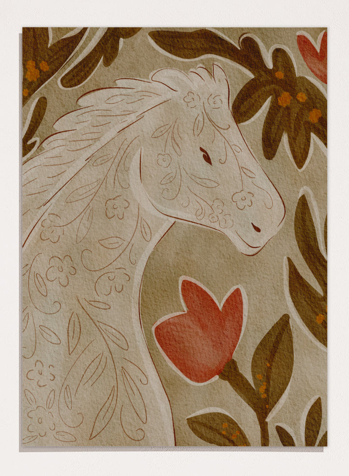 A close-up of a decorative textile or rug pattern featuring a stylized horse head in cream with floral line details, surrounded by brown leaves and a red flower on a beige background. Shop Elegant Floral Horse by Nikita Jariwala, a decorative horse wall art print featuring botanical details, folk-inspired pattern, and warm earthy neutral tones.
