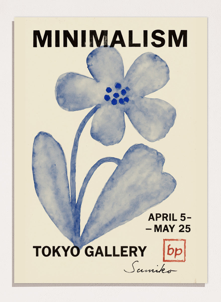 A minimalist art poster featuring a blue watercolor flower illustration on a cream background, with bold black text reading &