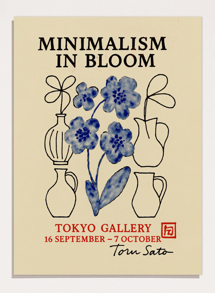 Blooming Simplicity by Treechild botanical gallery poster featuring blue flowers, hand-drawn vases, bold typography, and vintage exhibition styling.