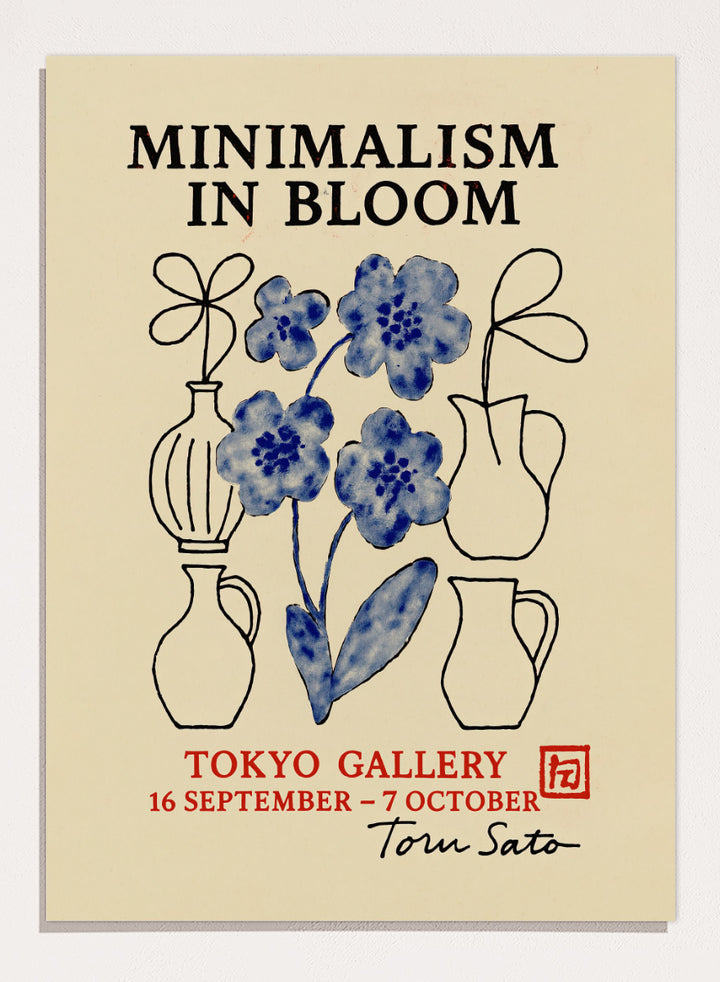Blooming Simplicity by Treechild botanical gallery poster featuring blue flowers, hand-drawn vases, bold typography, and vintage exhibition styling.