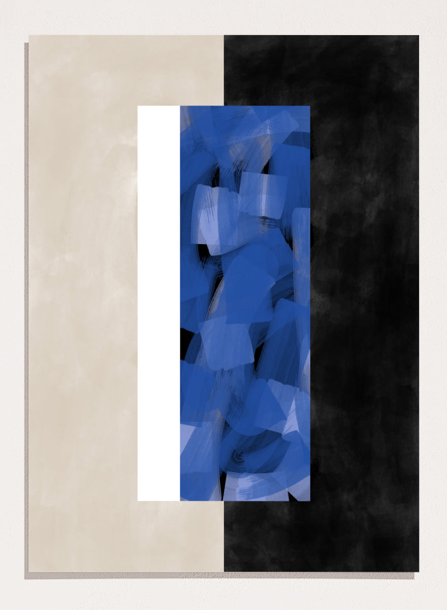 Shop Geometric Blue Layers by Elena Ristova, a modern abstract wall art print poster featuring layered cobalt brushwork, cream blocks, and bold black contrast.