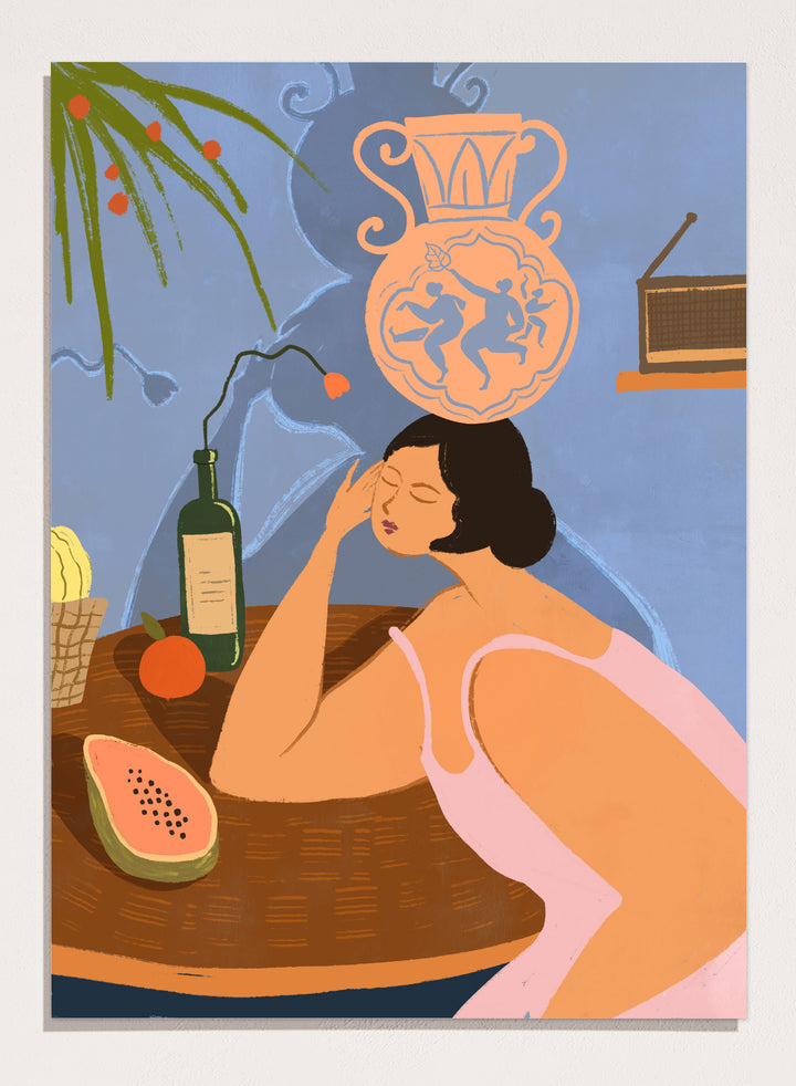 Illustration of a woman sitting at a table with a bottle, fruit, and decorative vase in a room. Bestill by Arty Guava is a colorful figurative art print featuring whimsical storytelling, playful symbolism, everyday objects, and contemporary wall art.