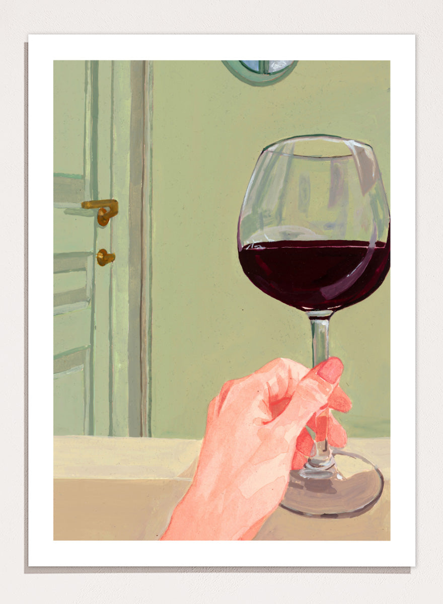 Shop Relaxing Wine Moment by Sophia Novosel, a modern wall art print poster featuring a hand holding red wine in a soft green interior with warm tones.