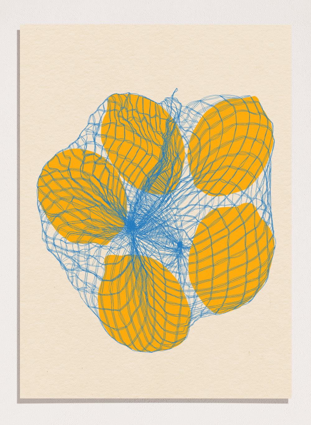 Geometric design with orange shapes and blue lines on a beige background. Five Lemons In a Net Bag by Rosi Feist is a modern minimalist fruit art print with Bauhaus design, officially licensed fine art poster.