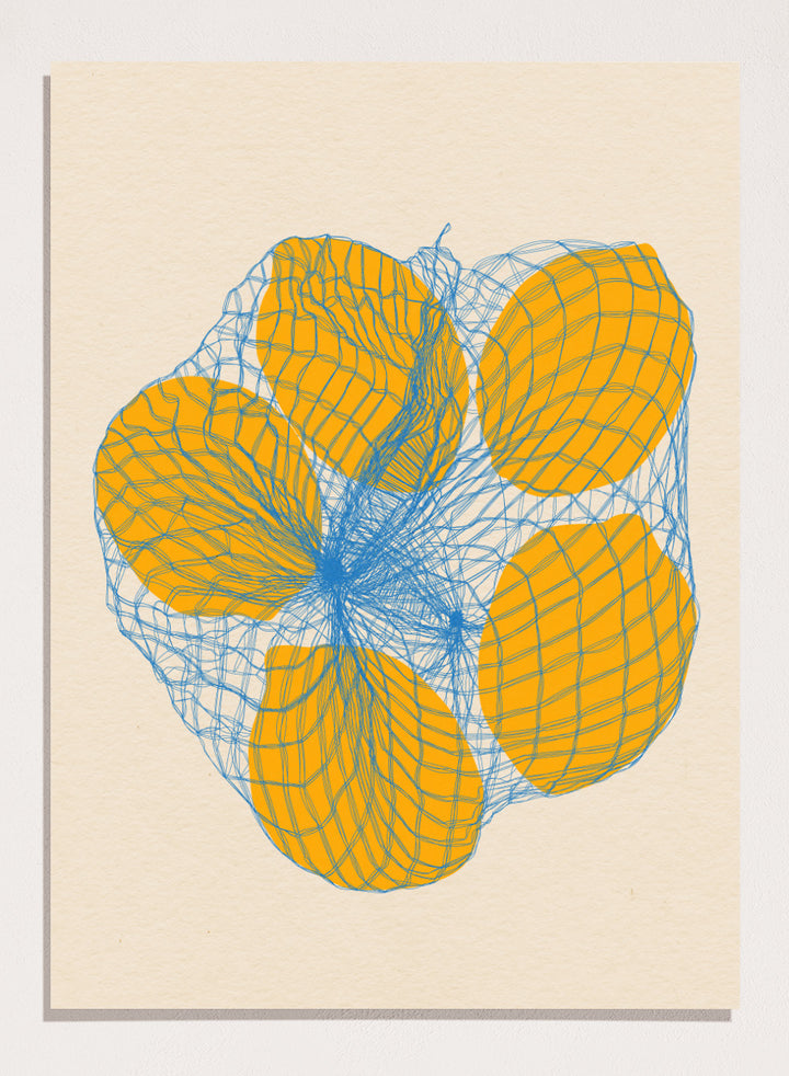 Geometric design with orange shapes and blue lines on a beige background. Five Lemons In a Net Bag by Rosi Feist is a modern minimalist fruit art print with Bauhaus design, officially licensed fine art poster.