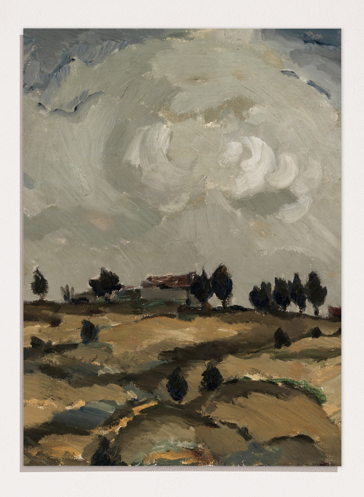 Shop Autumn Landscape with Clouds by Ilmari Aalto, a vintage Finnish landscape wall art print poster depicting rolling fields beneath a dramatic gray sky.