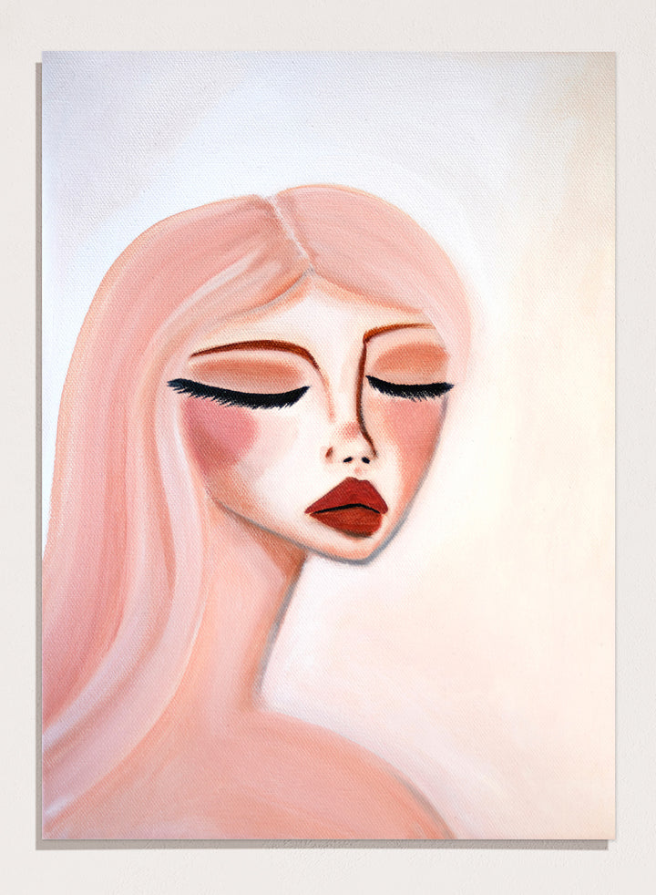 Artistic illustration of a woman's face with closed eyes on a light background. Serene Pink Portrait by Amy Straley is a contemporary figurative art print featuring a feminine portrait, soft pink tones, and modern expressive wall art.