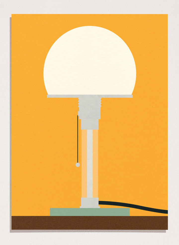 Illustration of a lamp on an orange background. Wagenfeld WG24 Table Lamp by Rosi Feist is a modern minimalist fine art print inspired by Bauhaus design. Officially licensed wall poster with optional artisan framing.