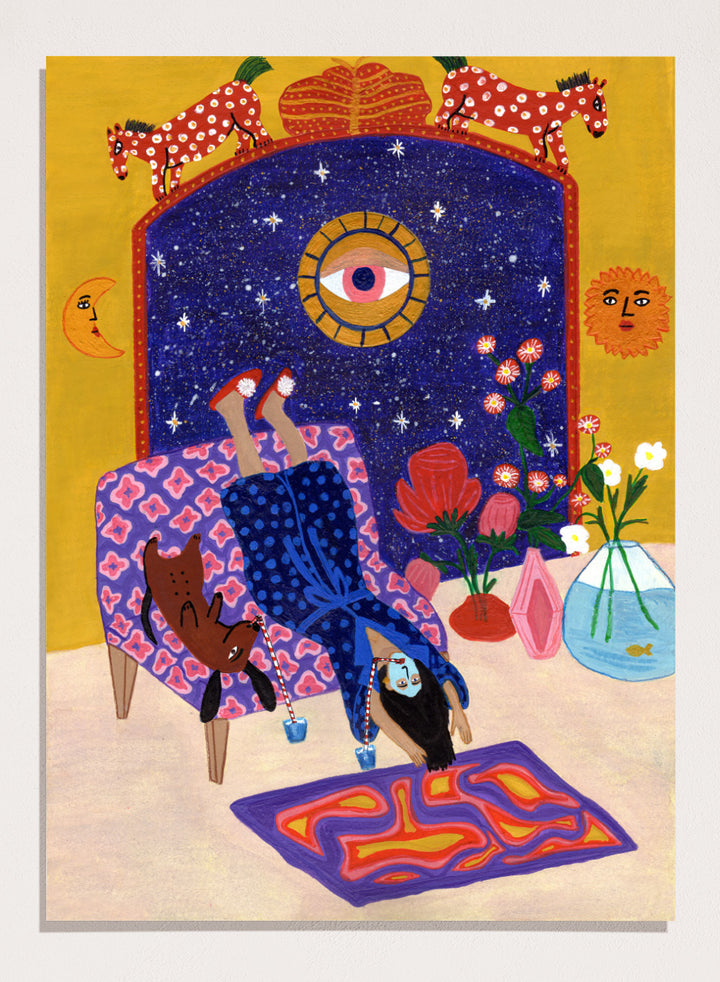 Colorful artwork of a person sitting on a chair with animals and decorative elements. Day Off From Office by Jota de Jai is a whimsical modern art print of a woman upside down with her dog, mid skincare routine, officially licensed wall poster with framing.