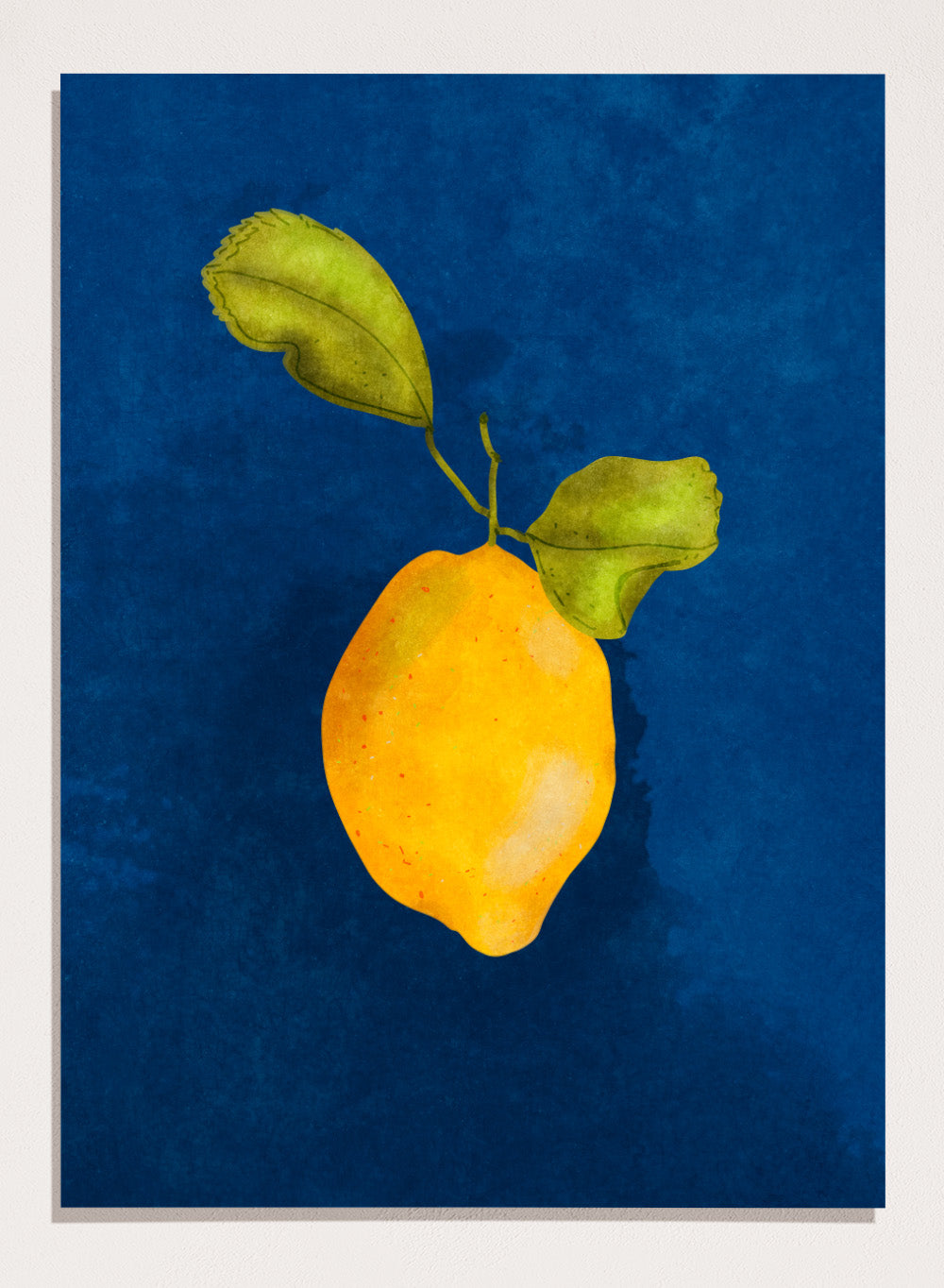 Just a Little Lemon by Raissa Oltmanns is a modern lemon art print featuring a bold yellow citrus still life on deep blue wall poster design.