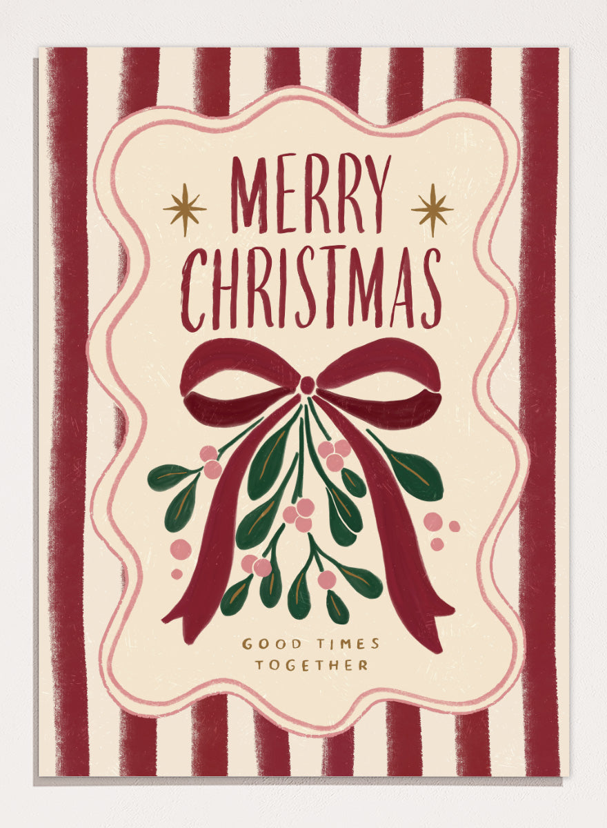 Shop Merry Christmas Mistletoe by Katarzyna Gąsiorowska, a Christmas wall art print poster featuring mistletoe, a red bow, festive stripes, and vintage holiday typography.