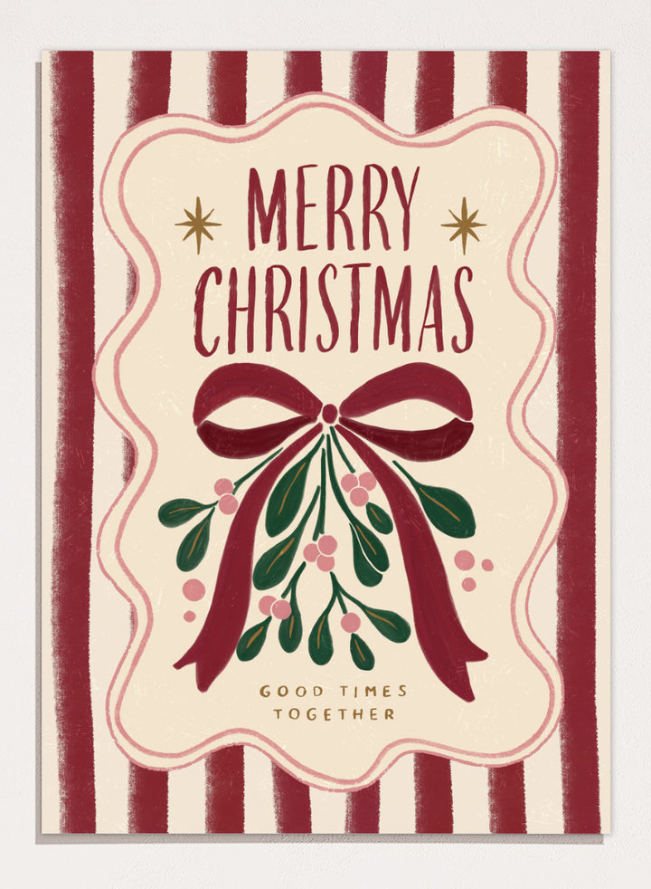 Shop Merry Christmas Mistletoe by Katarzyna Gąsiorowska, a Christmas wall art print poster featuring mistletoe, a red bow, festive stripes, and vintage holiday typography.