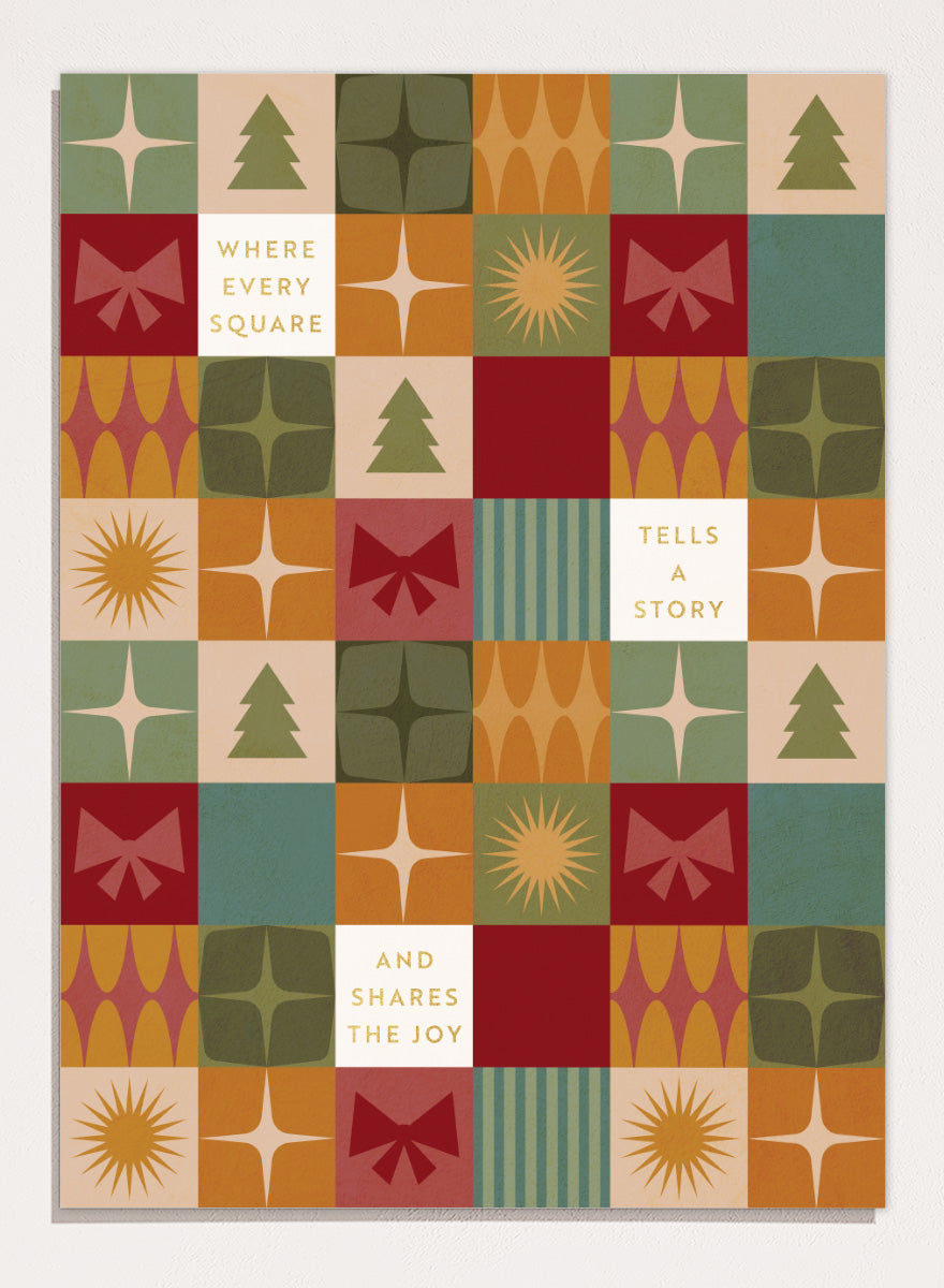 Shop Retro Christmas Squares by Dominique Vari, a festive wall art print poster featuring retro trees, bows, stars, geometric shapes, and vintage holiday colors.