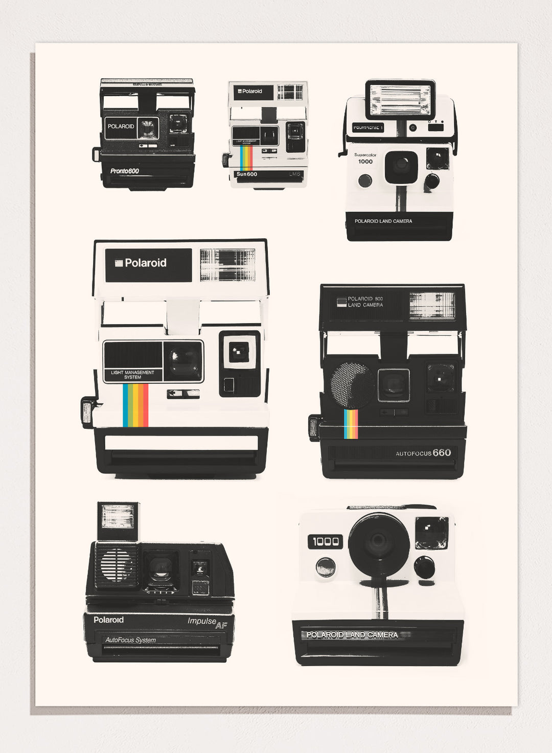 Collection of Polaroid cameras displayed against a white background. Vintage Instant Cameras by Florent Bodart is a retro camera art print featuring classic Polaroid designs, a modern wall poster for photography and design lovers.