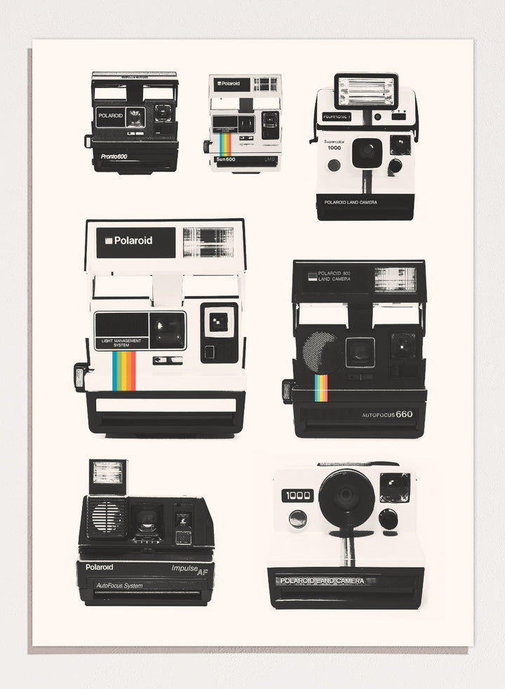 Collection of Polaroid cameras displayed against a white background. Vintage Instant Cameras by Florent Bodart is a retro camera art print featuring classic Polaroid designs, a modern wall poster for photography and design lovers.