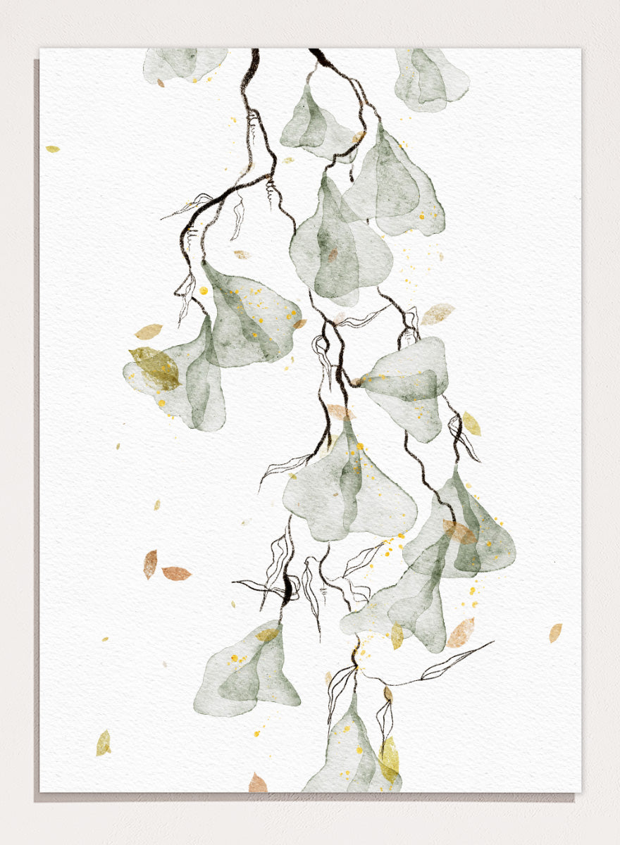Shop Soft Green Botanicals by Ankie Kooi, a modern botanical wall art print poster with watercolor leaves, minimalist line art, soft green, yellow, and cream.