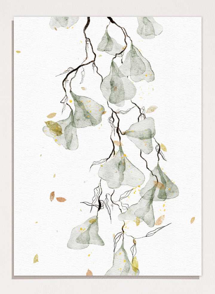 Shop Soft Green Botanicals by Ankie Kooi, a modern botanical wall art print poster with watercolor leaves, minimalist line art, soft green, yellow, and cream.