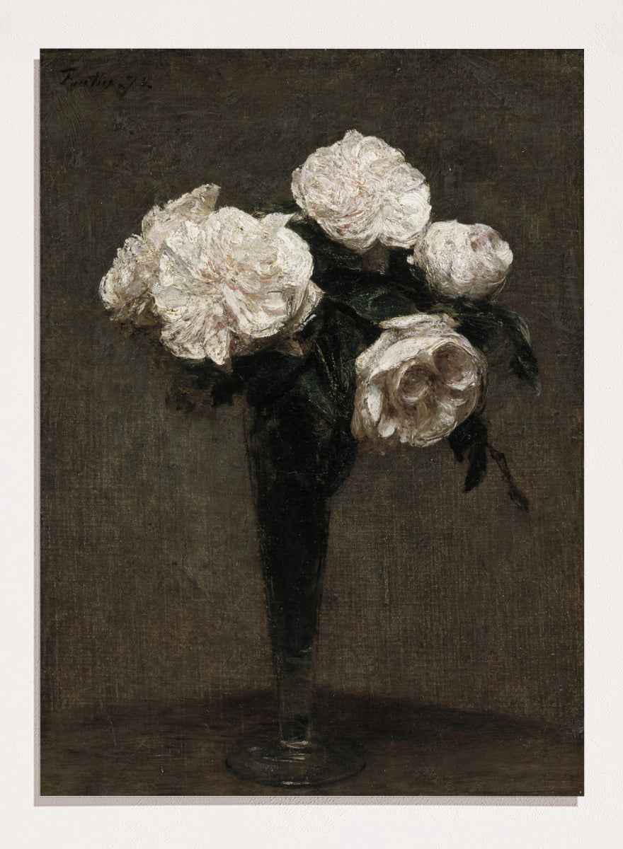 Shop Roses Flowers in a Vase by Henri Fantin-Latour, a vintage floral wall art print poster featuring pale roses in a dark vase against rich brown tones.