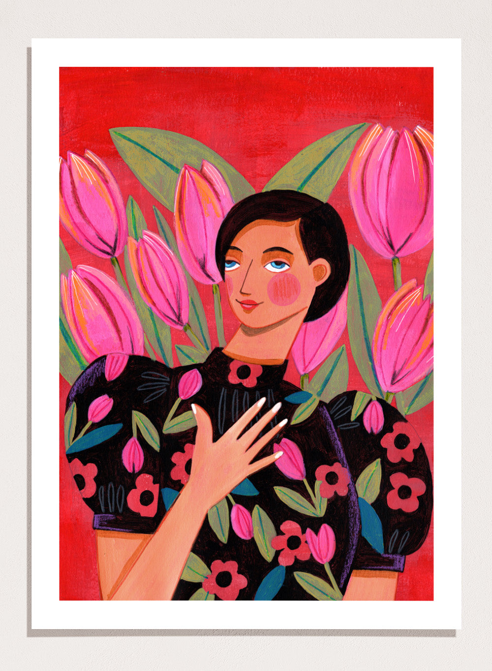 Illustration of a woman with floral dress and pink tulips on a red background. Woman portrait art print surrounded by pink tulips on a red background by Caroline Bonne Müller. Colorful floral illustration wall poster, officially licensed.