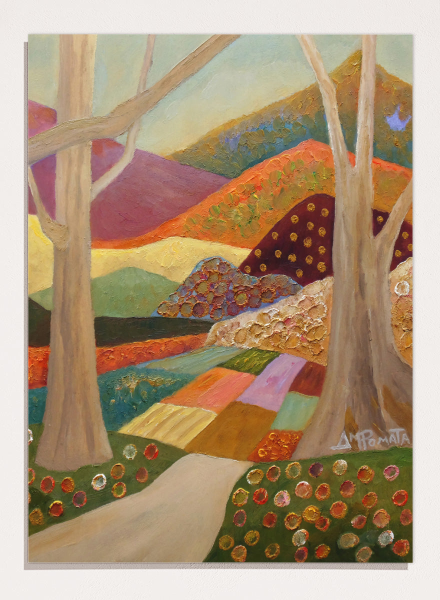 A colorful landscape painting featuring stylized trees, a winding path, patchwork fields, and rolling hills in warm and cool tones, with a visible artist signature in the lower right. Shop Colorful Field Path by Angeles M. Pomata, an autumn landscape art print featuring a winding path, textured fields, flowers, and rolling countryside.