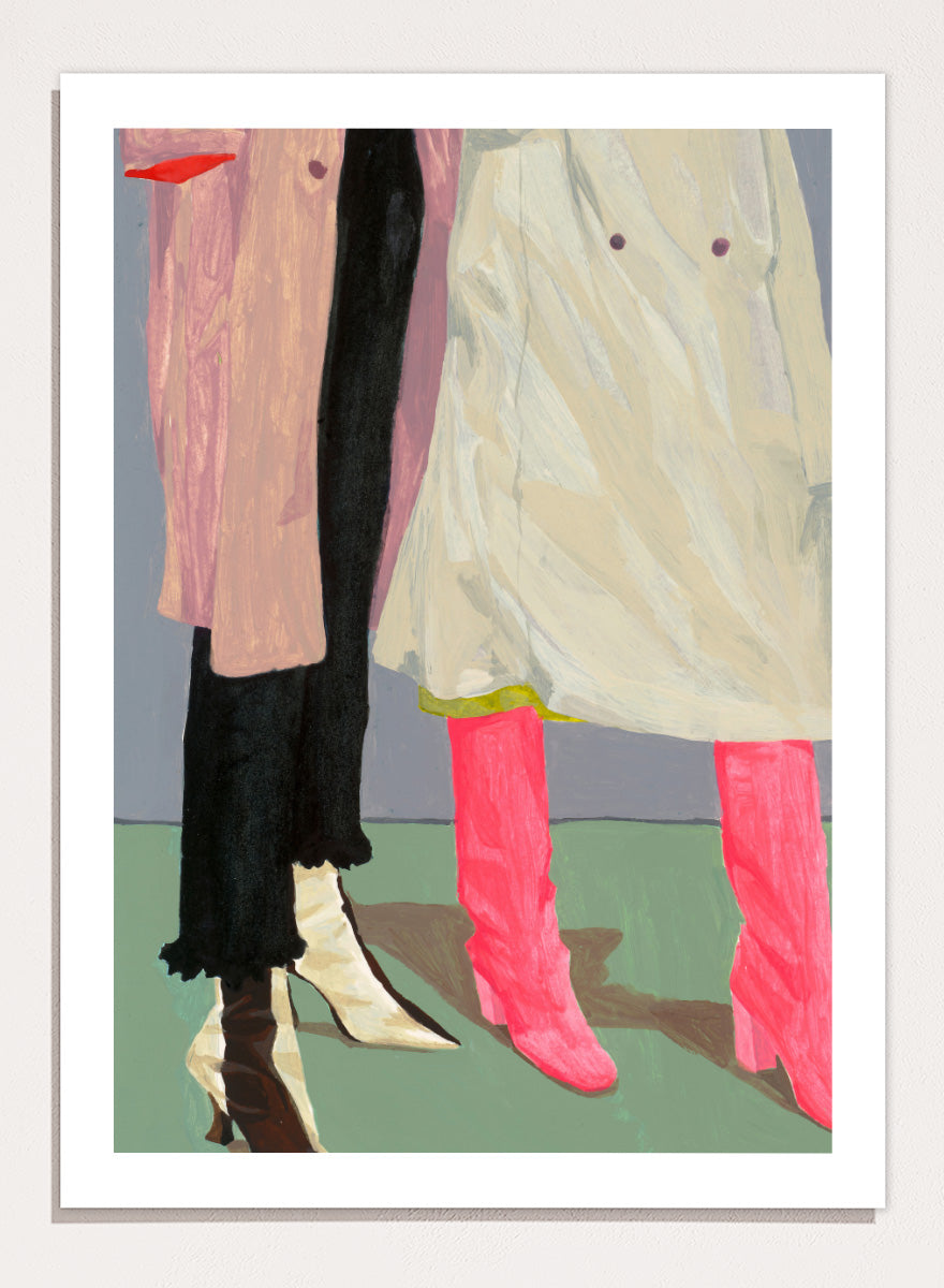 Shop Pink Boots Style by Sophia Novosel, a modern fashion wall art print poster featuring hot pink boots, cream heels, layered coats, and a cropped street-style scene.