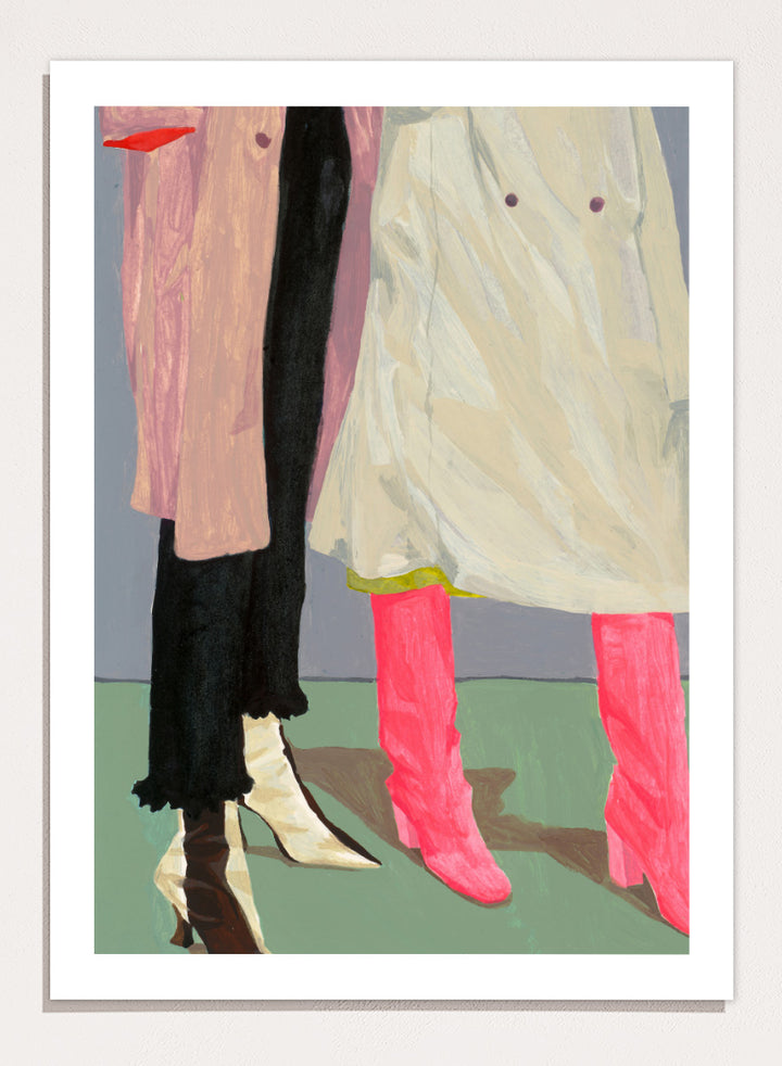 Shop Pink Boots Style by Sophia Novosel, a modern fashion wall art print poster featuring hot pink boots, cream heels, layered coats, and a cropped street-style scene.